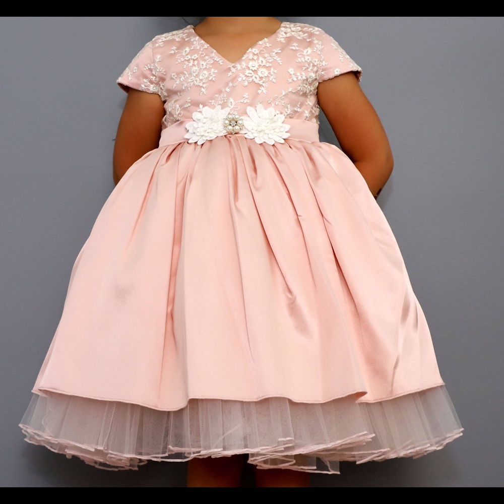 Blush silk and white lace formal dress